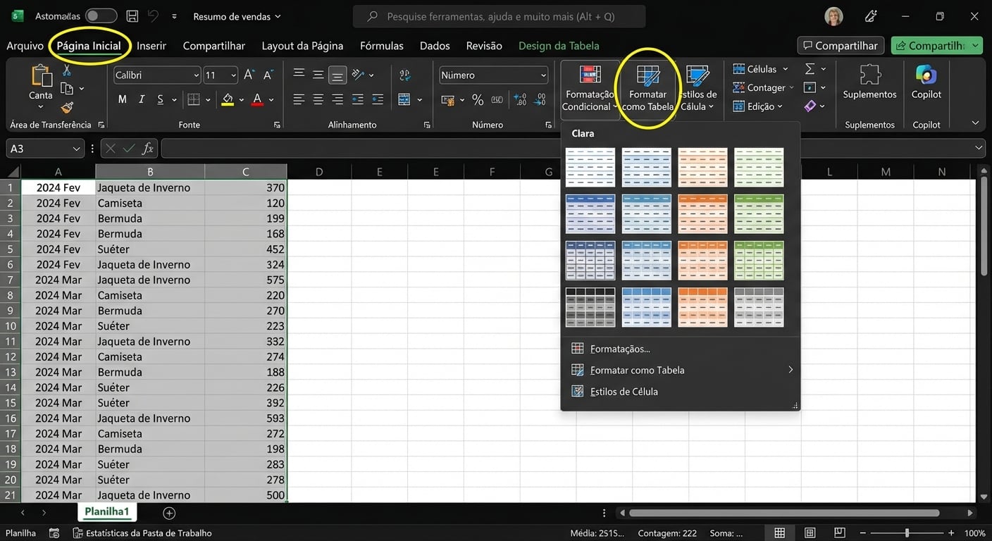 Um documento Excel aberto mostrando como formatar dados como uma tabela.
