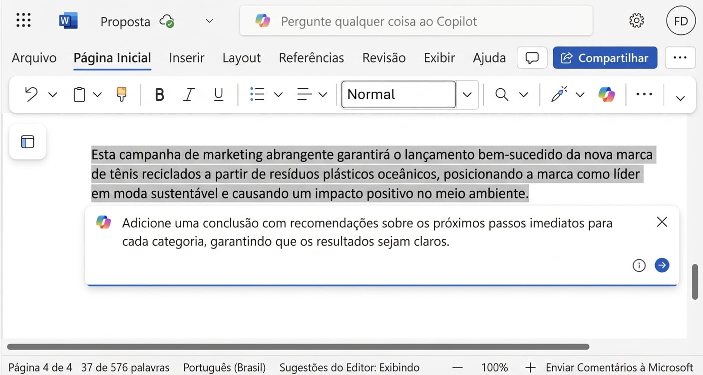 Uma captura de tela do parágrafo destacado que precisa ser modificado e o chat do Copilot abaixo, onde o usuário está pedindo melhorias.