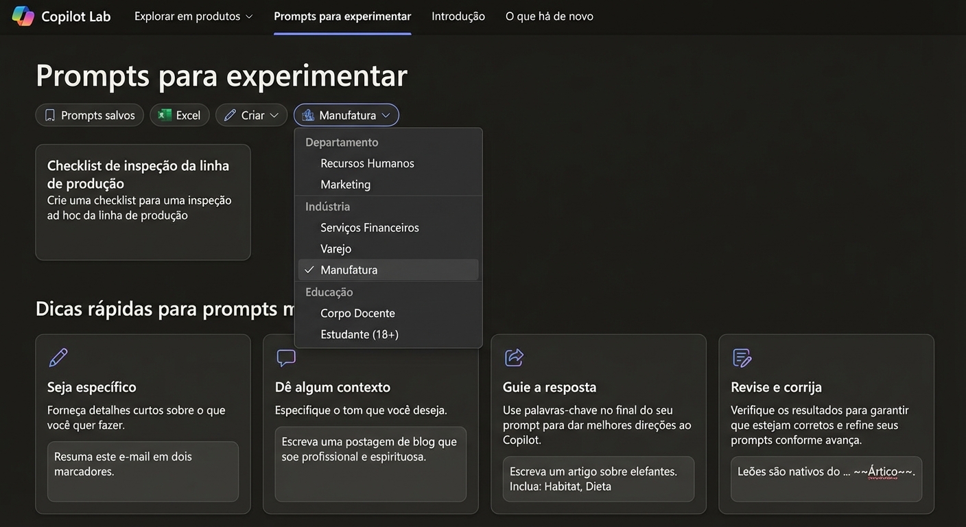 Uma série de prompts sugeridos do Copilot Lab, com um filtro suspenso.