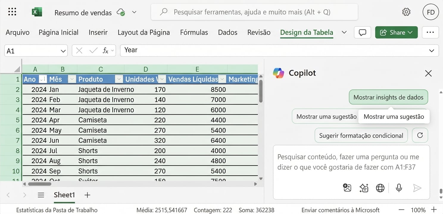 Um documento do Excel mostrando dados sobre produtos de vestuário e um chat do Copilot aberto ao lado com um usuário pedindo para mostrar insights de dados.