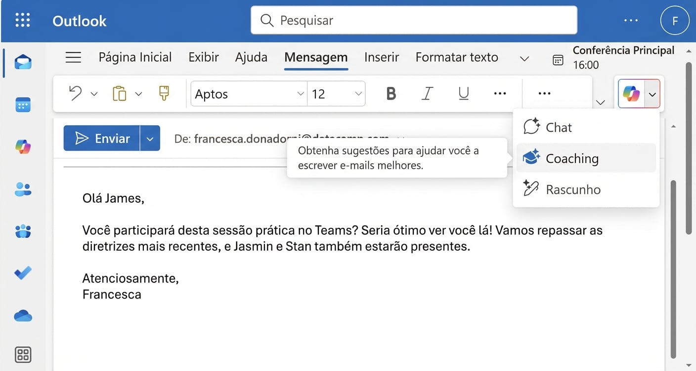 Exemplo de um rascunho de e-mail com pontos pouco claros