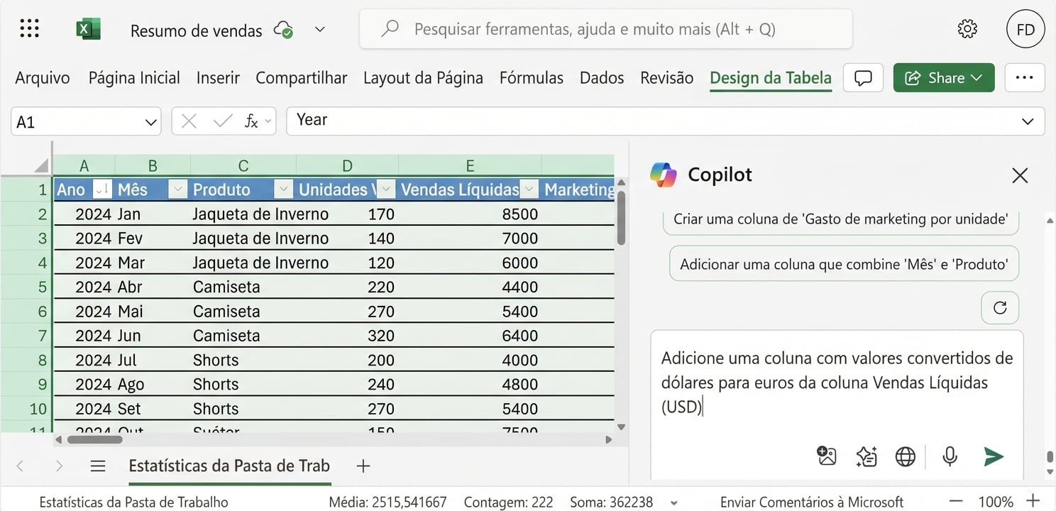 Um documento Excel aberto mostrando dados de produtos de vestuário e um chat do Copilot aberto ao lado com um usuário pedindo para converter valores para euros.