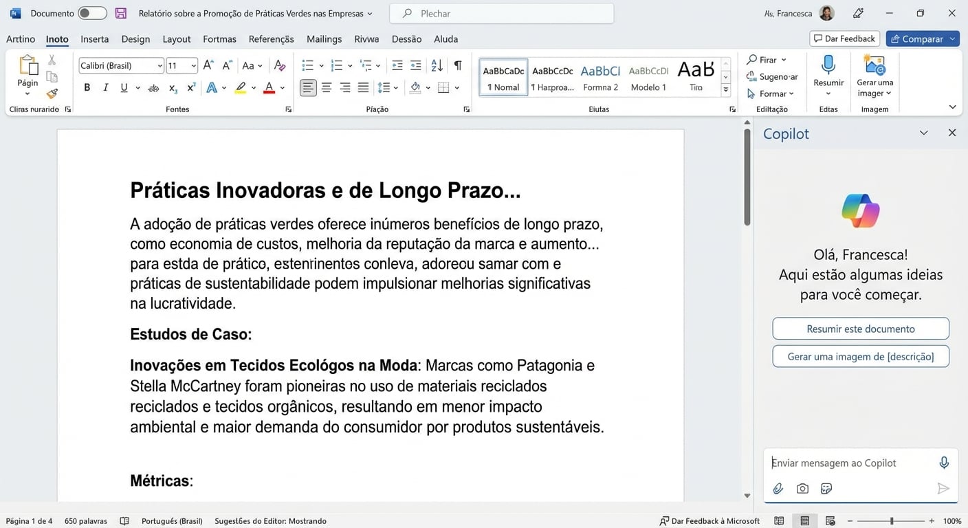 Uma captura de tela de um documento do Word aberto com um chat do Copilot aberto ao lado.