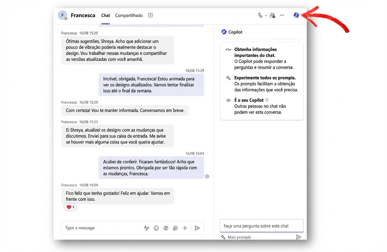 Uma captura de tela de um chat do Microsoft Teams com um chat lateral aberto para fazer perguntas ao Copilot. Seta vermelha apontando para o ícone do Copilot