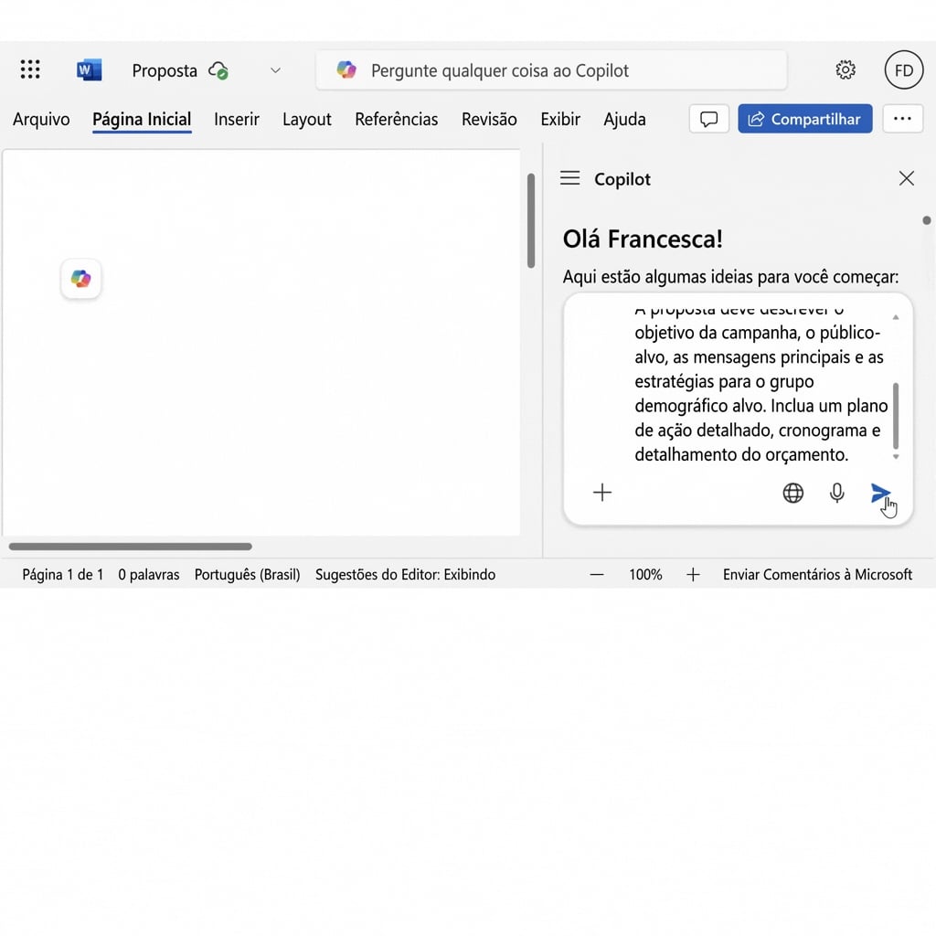 Uma captura de tela de um chat aberto no Copilot com a solicitação para “criar uma proposta de projeto para uma nova campanha de marketing” e o documento com a proposta de campanha de marketing criada pelo Copilot.