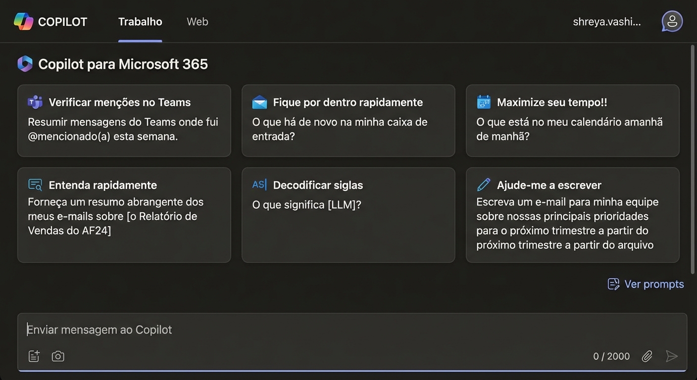 A página inicial do Copilot para Microsoft 365.