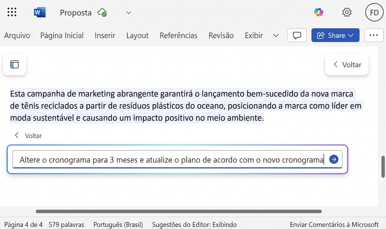 Um chat aberto do Copilot com o usuário pedindo para mudar o cronograma.