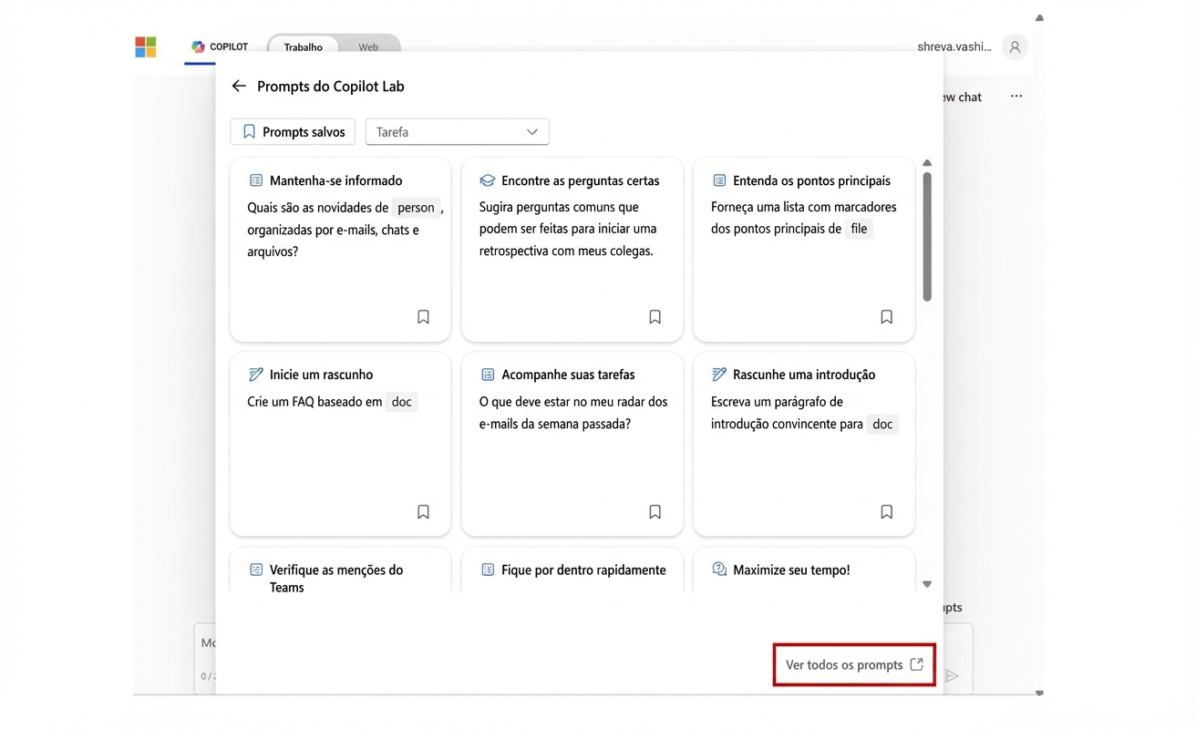 Uma série de prompts sugeridos do Copilot Lab.