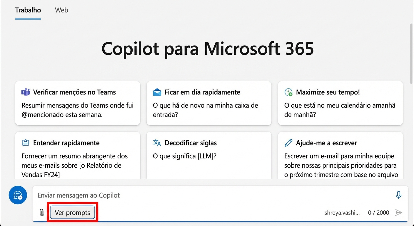 A página inicial do Copilot para Microsoft 365 com uma opção para ver prompts.