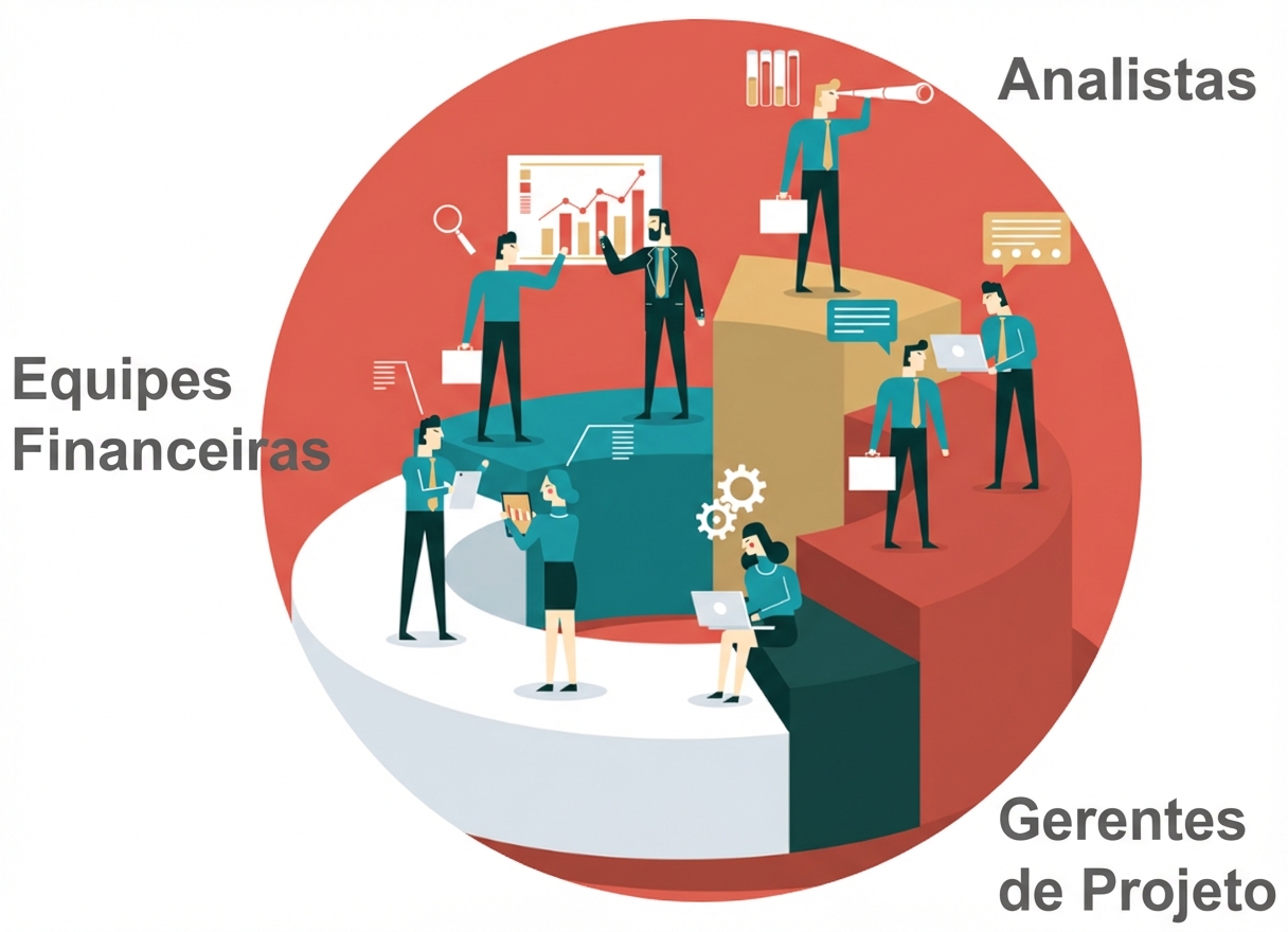Profissionais de finanças, analistas, gerentes de projeto e administradores que trabalham juntos num ambiente colaborativo, representando os profissionais especializados.