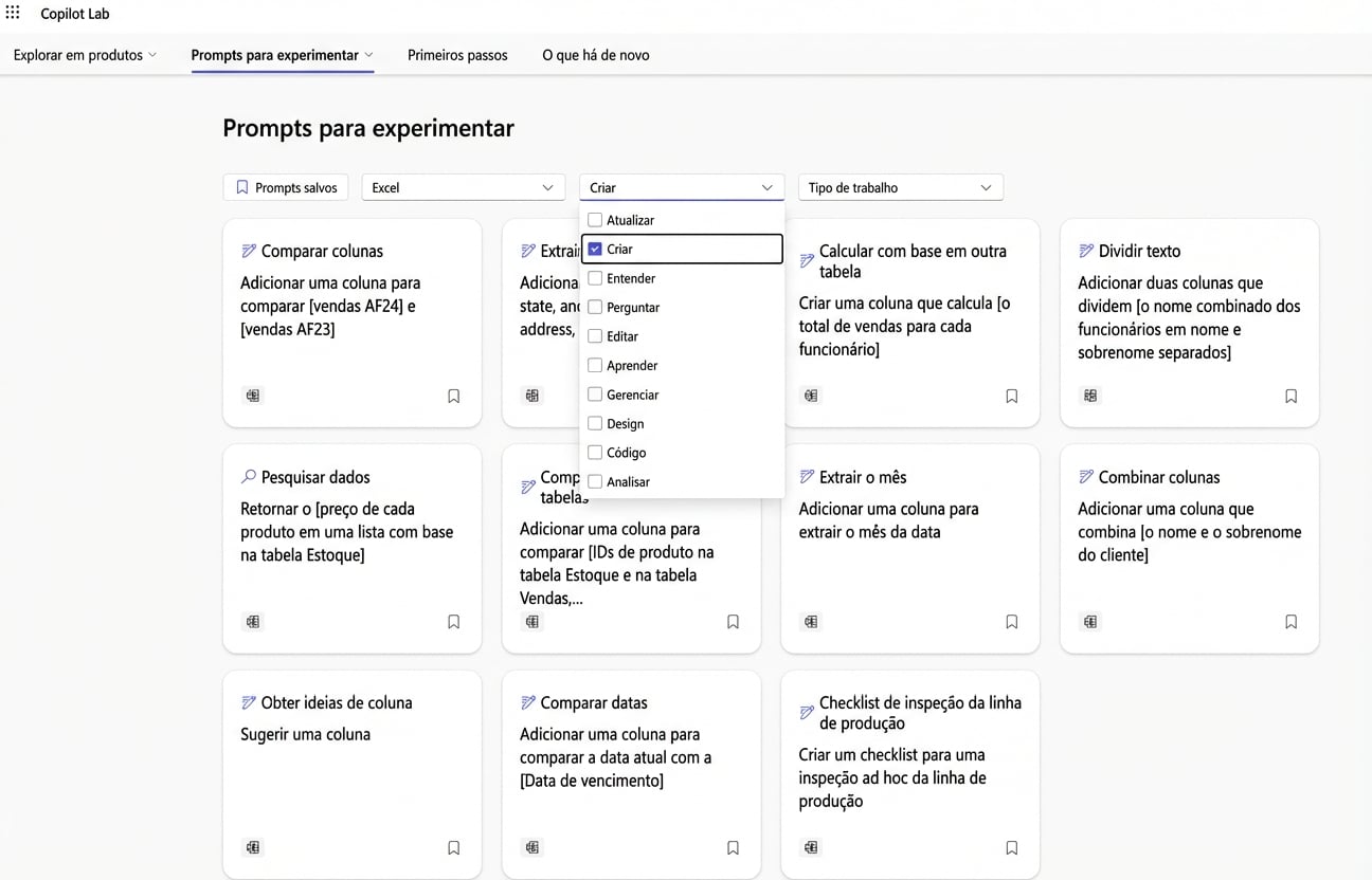 Uma série de prompts sugeridos do Copilot Lab, com vários filtros suspensos.