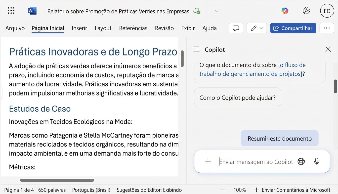 Uma captura de tela de um documento do Word aberto com um chat do Copilot ao lado, onde o usuário está pedindo para resumir o documento.