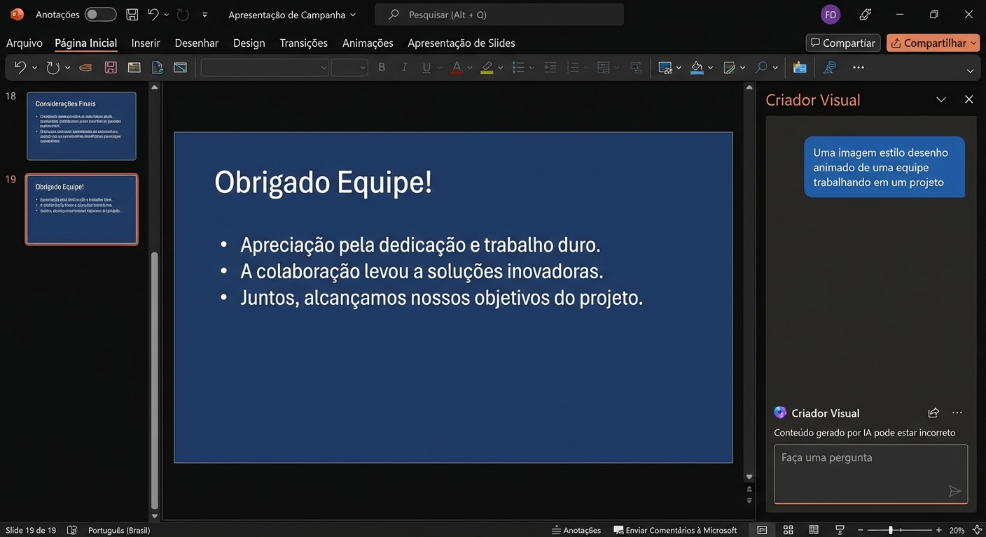 Uma captura de tela de um slide do PowerPoint com o chat do Copilot aberto, mostrando a conversa com um usuário pedindo para organizar os slides.