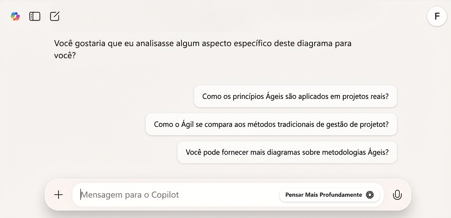Resposta do Copilot com sugestões de perguntas complementares