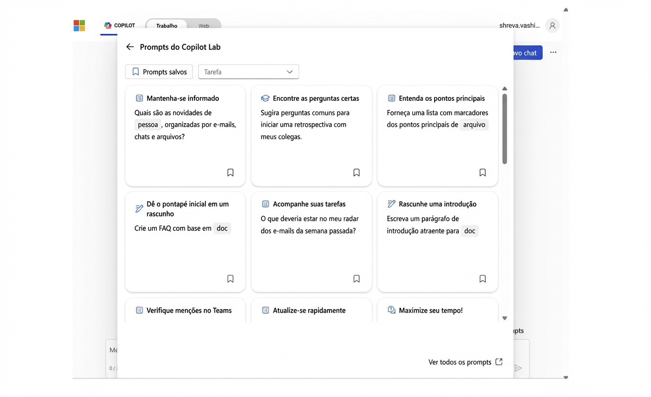 Uma série de prompts sugeridos do Copilot Lab.