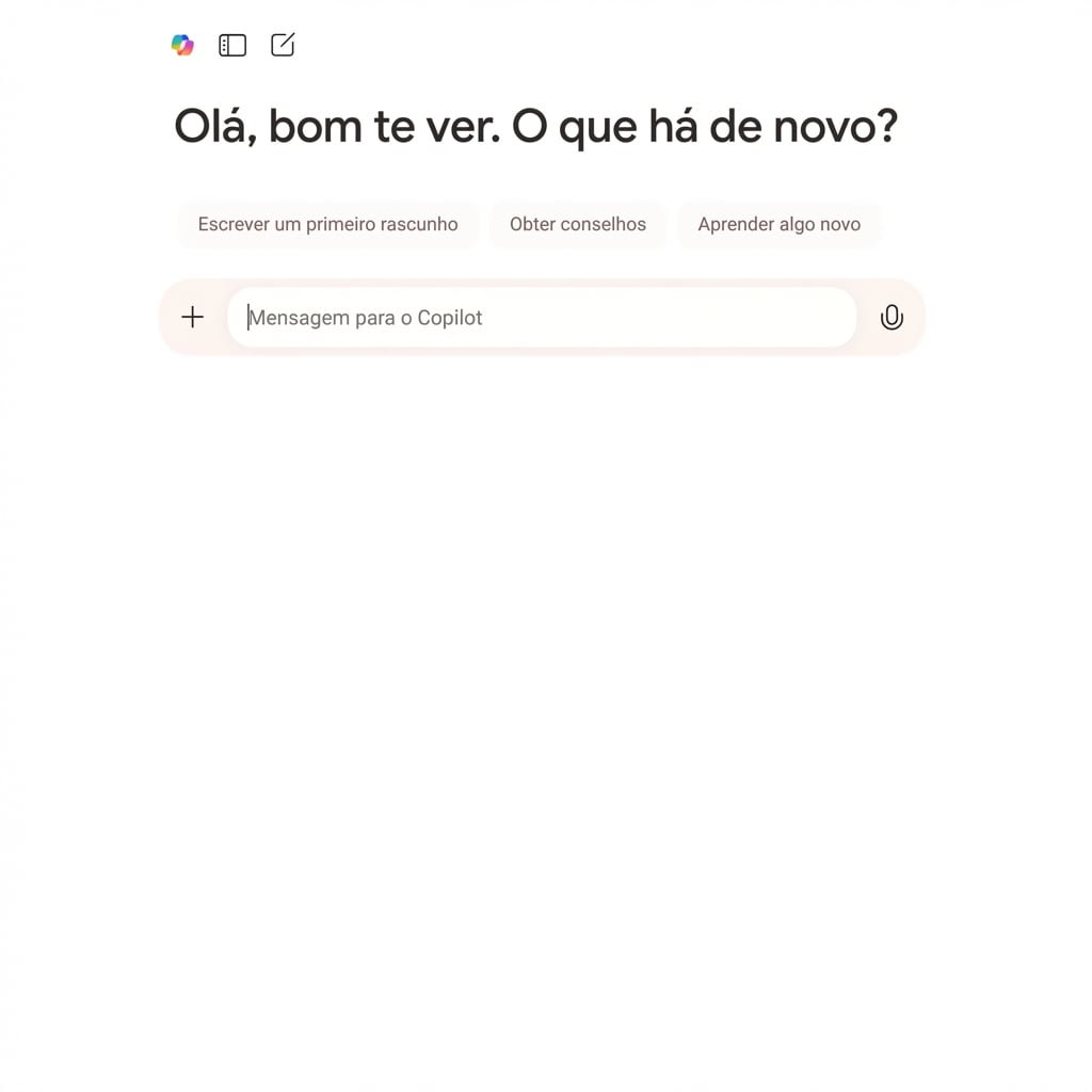 Chat do Copilot com uma mensagem de boas-vindas