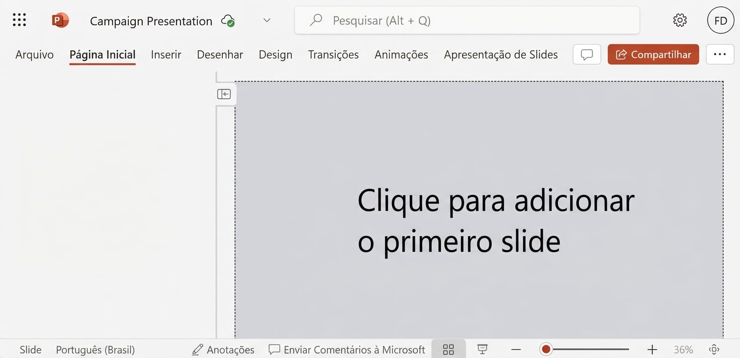 Uma captura de tela de um documento em branco do PowerPoint.