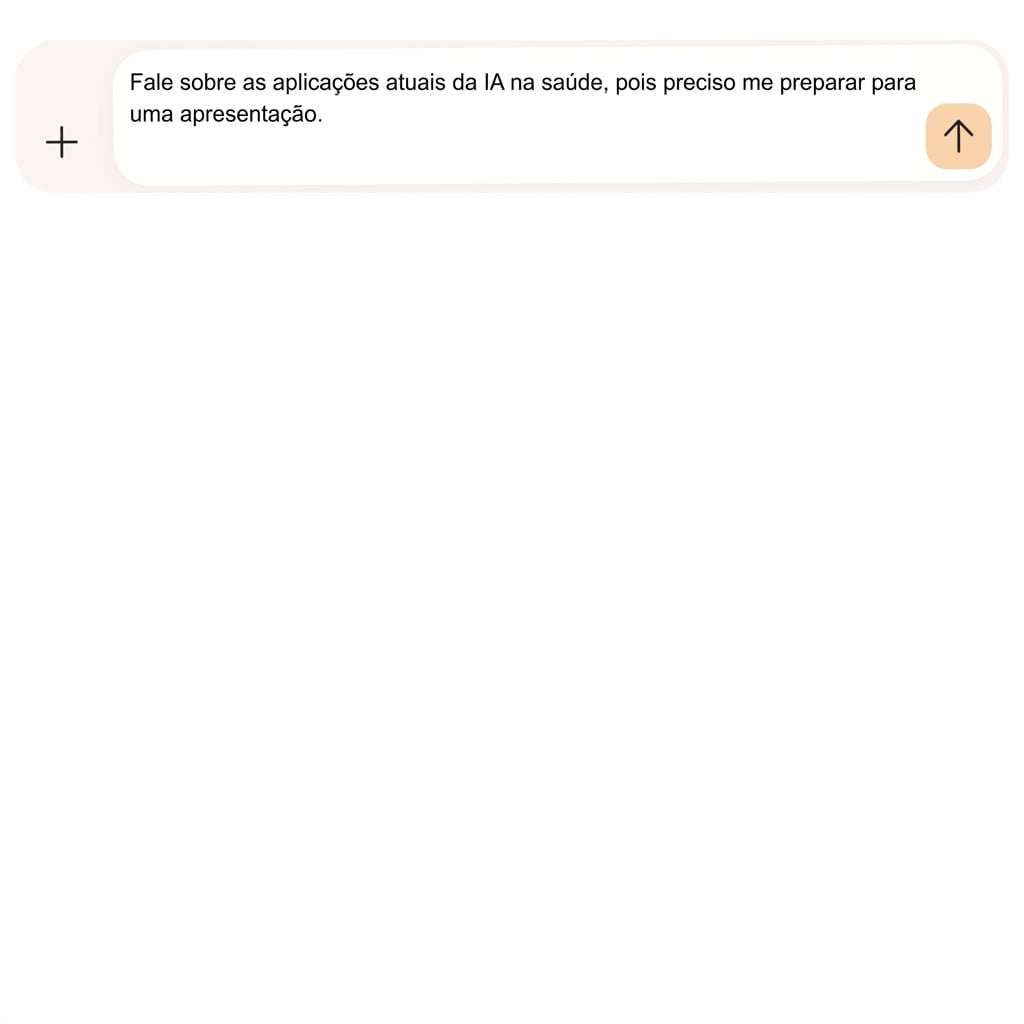O texto diz: "Fale sobre as aplicações atuais da IA na área da saúde, com foco no diagnóstico de pacientes e tratamentos baseados em IA.