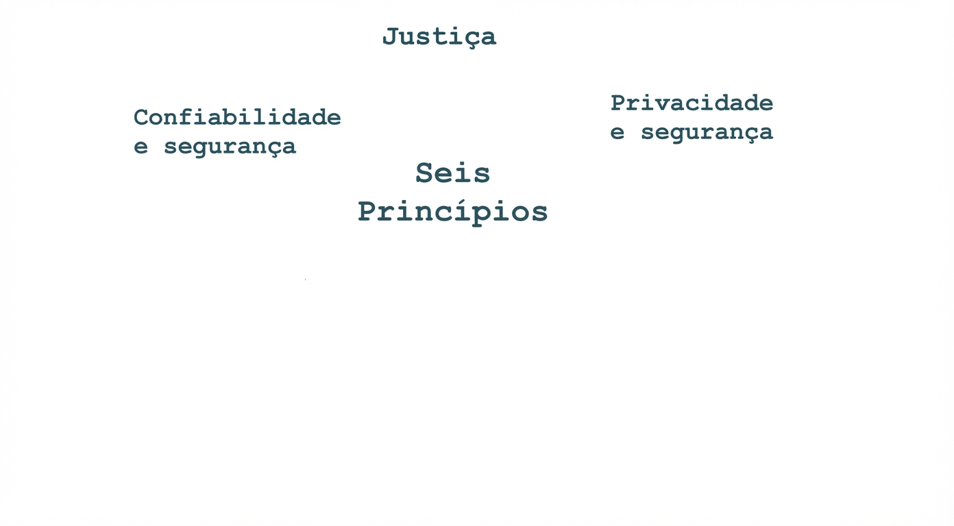 Um texto que diz “seis princípios”, com os termos que mostram esses princípios ao redor: justiça, privacidade e segurança, confiabilidade e proteção.