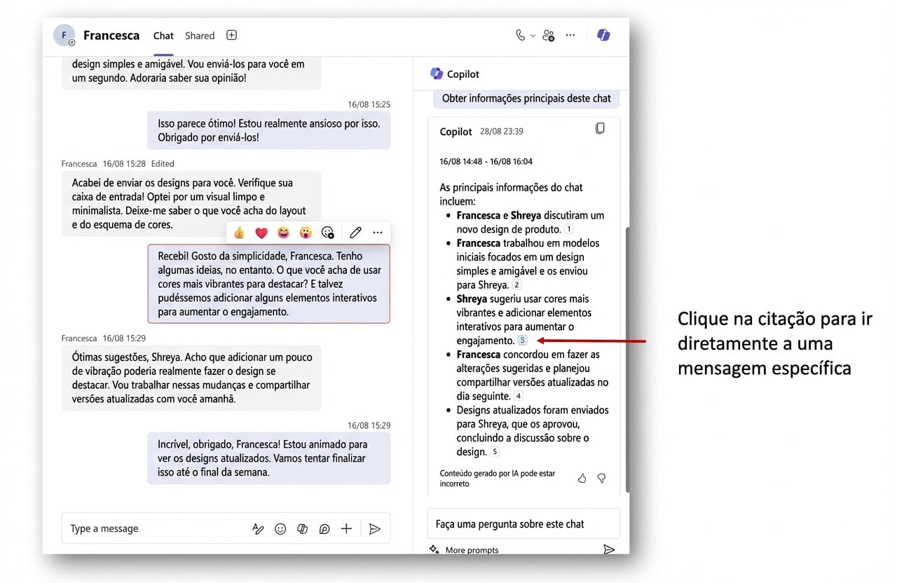 Uma captura de tela de um chat do Microsoft Teams com um chat lateral aberto com a resposta do Copilot e uma seta vermelha apontando para uma referência que nos leva à mensagem original.