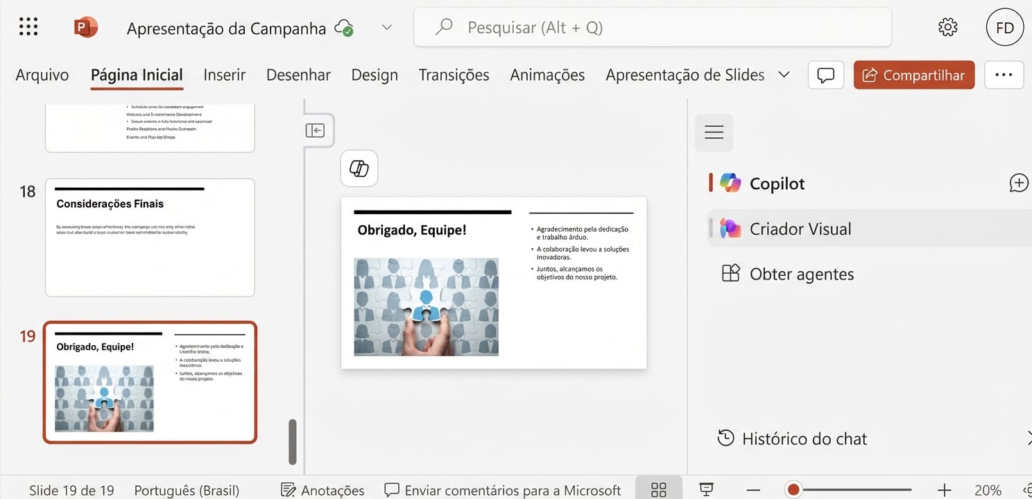 Uma captura de tela de um slide do PowerPoint com o chat do Copilot aberto, mostrando a conversa com um usuário pedindo para organizar os slides.