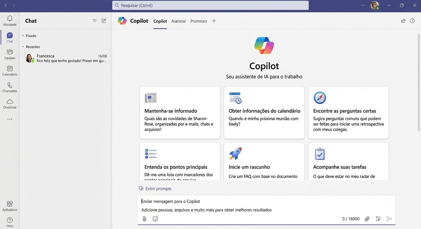 Uma demonstração de um usuário perguntando ao Copilot no que Francesca tem trabalhado.