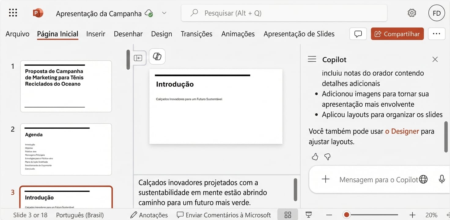 Uma demonstração do Copilot criando uma apresentação a partir de um arquivo já existente como ponto de partida.