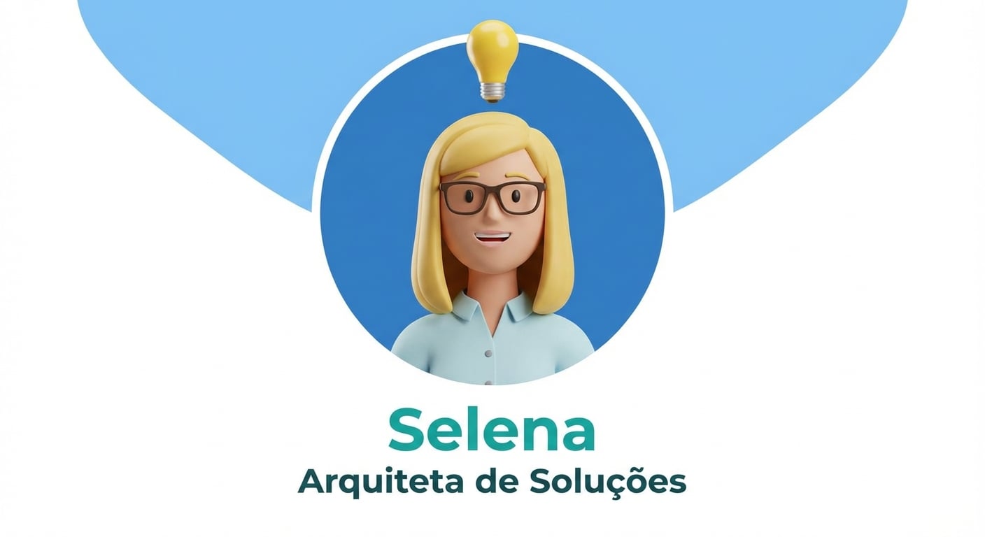 Uma ilustração de uma mulher sorridente com óculos, cercada por ícones digitais e uma lâmpada brilhante, com um texto ao lado dela que diz: Selena, Arquiteta de Soluções.