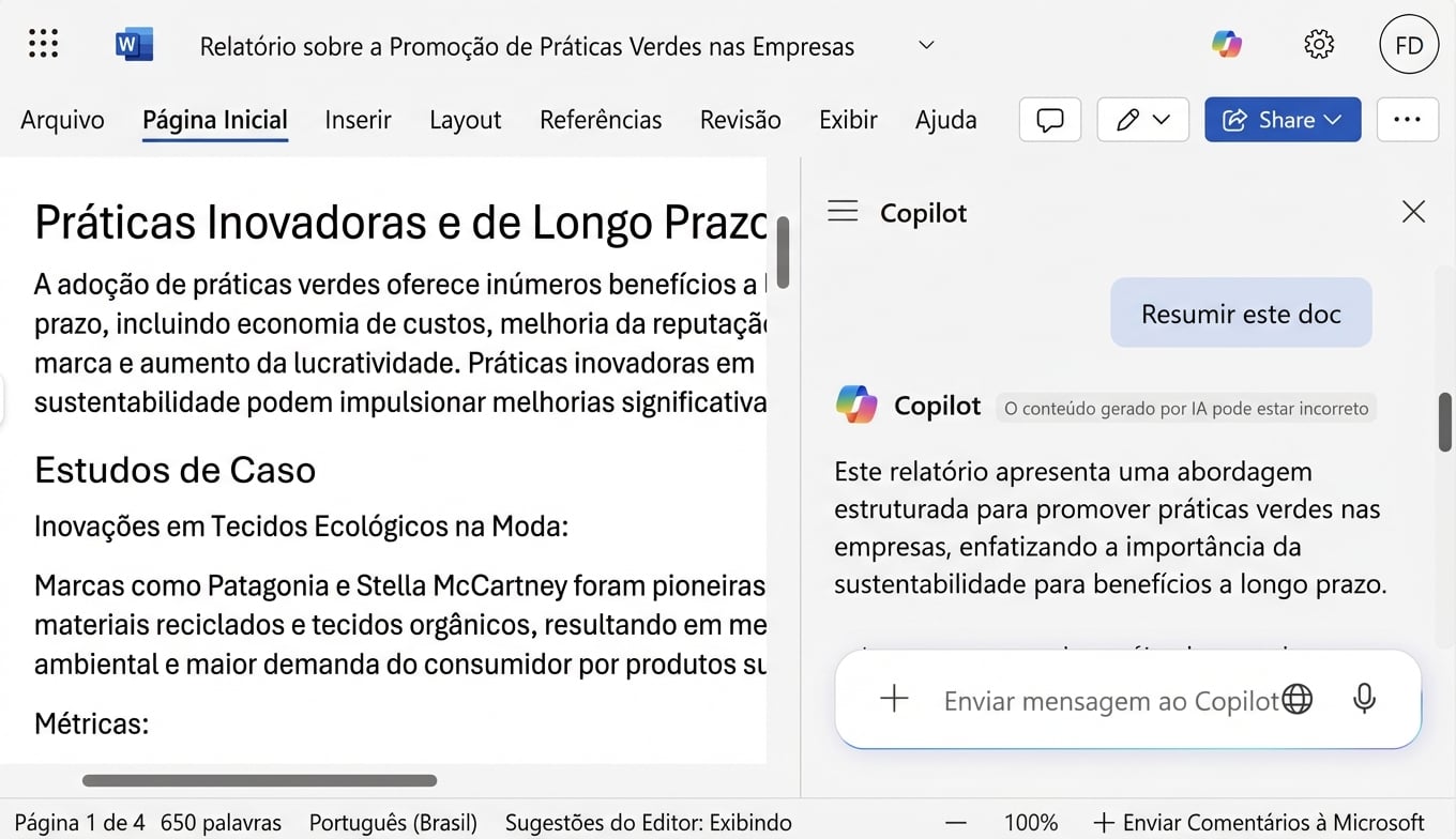 Uma captura de tela de um documento do Word aberto com um chat do Copilot aberto, mostrando um resumo do documento.