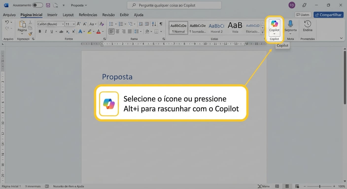 Captura de tela de um documento em branco no Word com “pressione ALT+I para redigir com o Copilot destacado