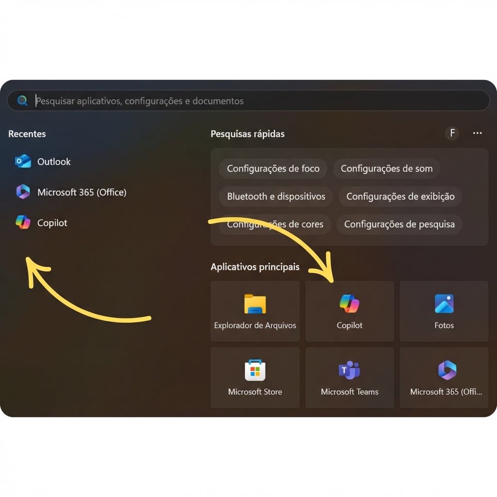 Barra de pesquisa do Windows com setas apontando para os ícones do Copilot