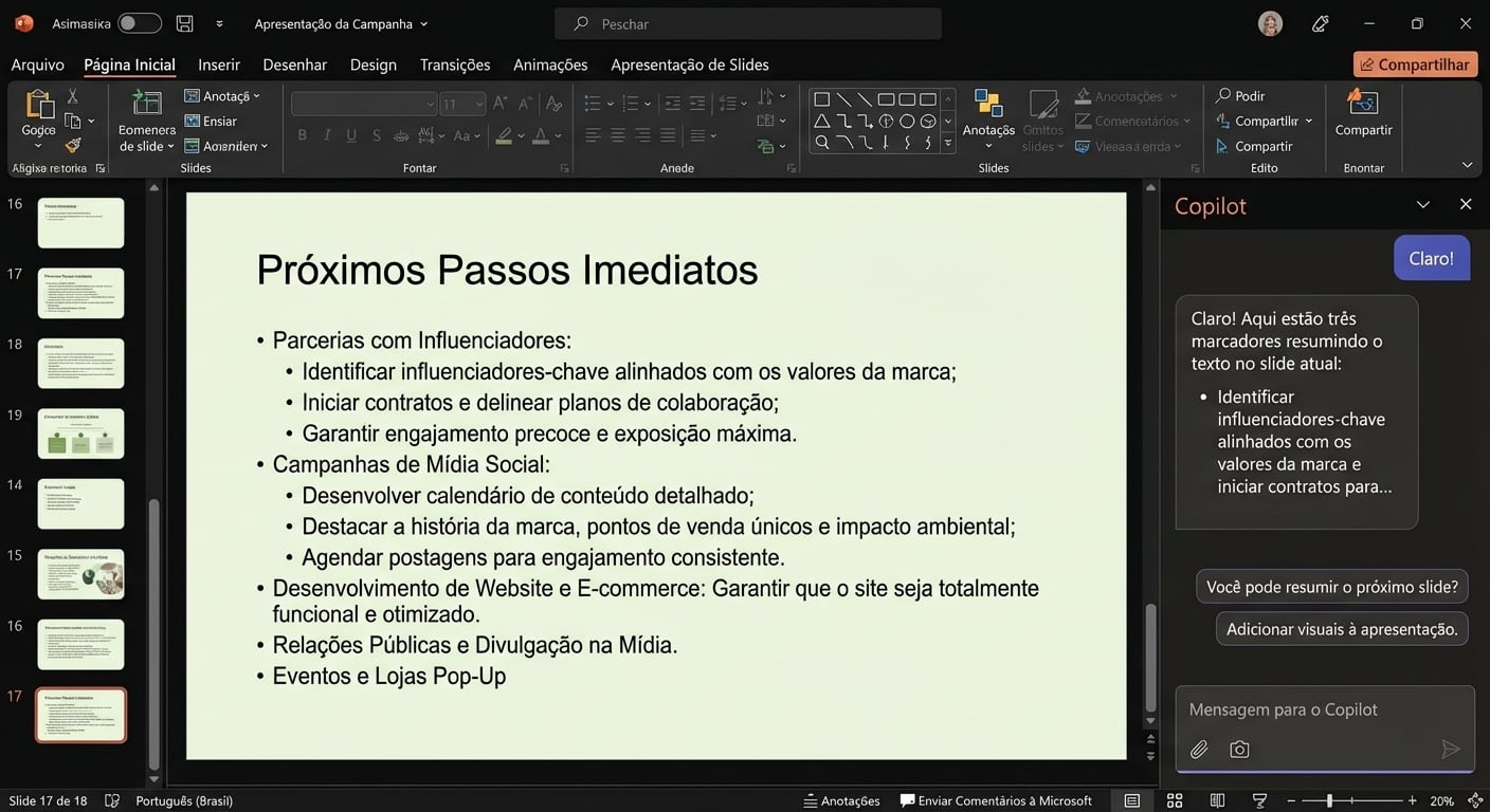 Uma captura de tela de um slide do PowerPoint com o chat do Copilot aberto, mostrando a conversa com um usuário.