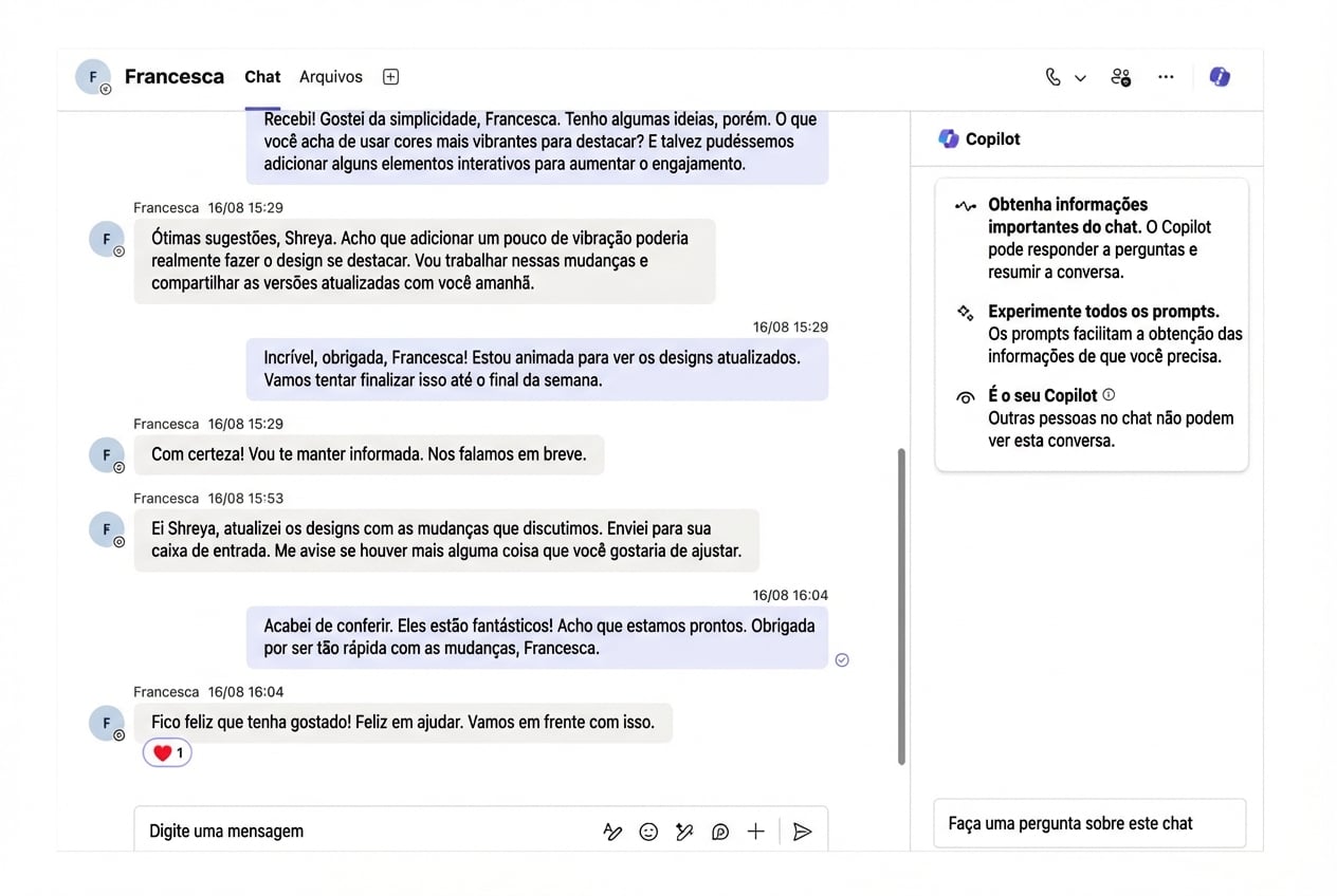 Uma captura de tela do Microsoft Teams com o chat do Copilot aberto e o ícone do Copilot no canto superior esquerdo circulado em vermelho.