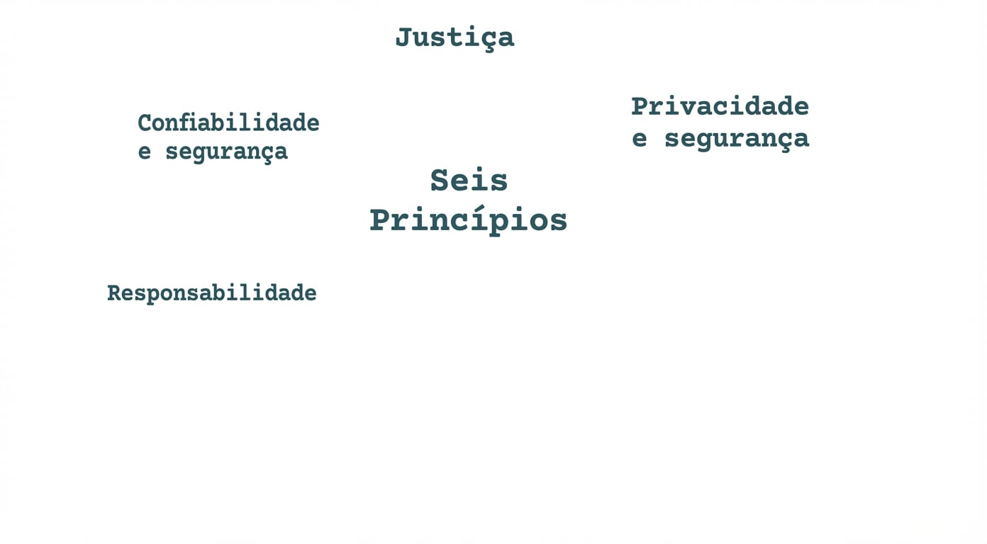 Um texto que diz “seis princípios”, com os termos que mostram esses princípios ao redor: justiça, privacidade e segurança, confiabilidade e segurança, responsabilidade.