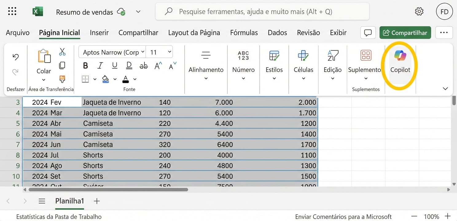 Captura de tela da planilha do Excel com o ícone do Copilot destacado.