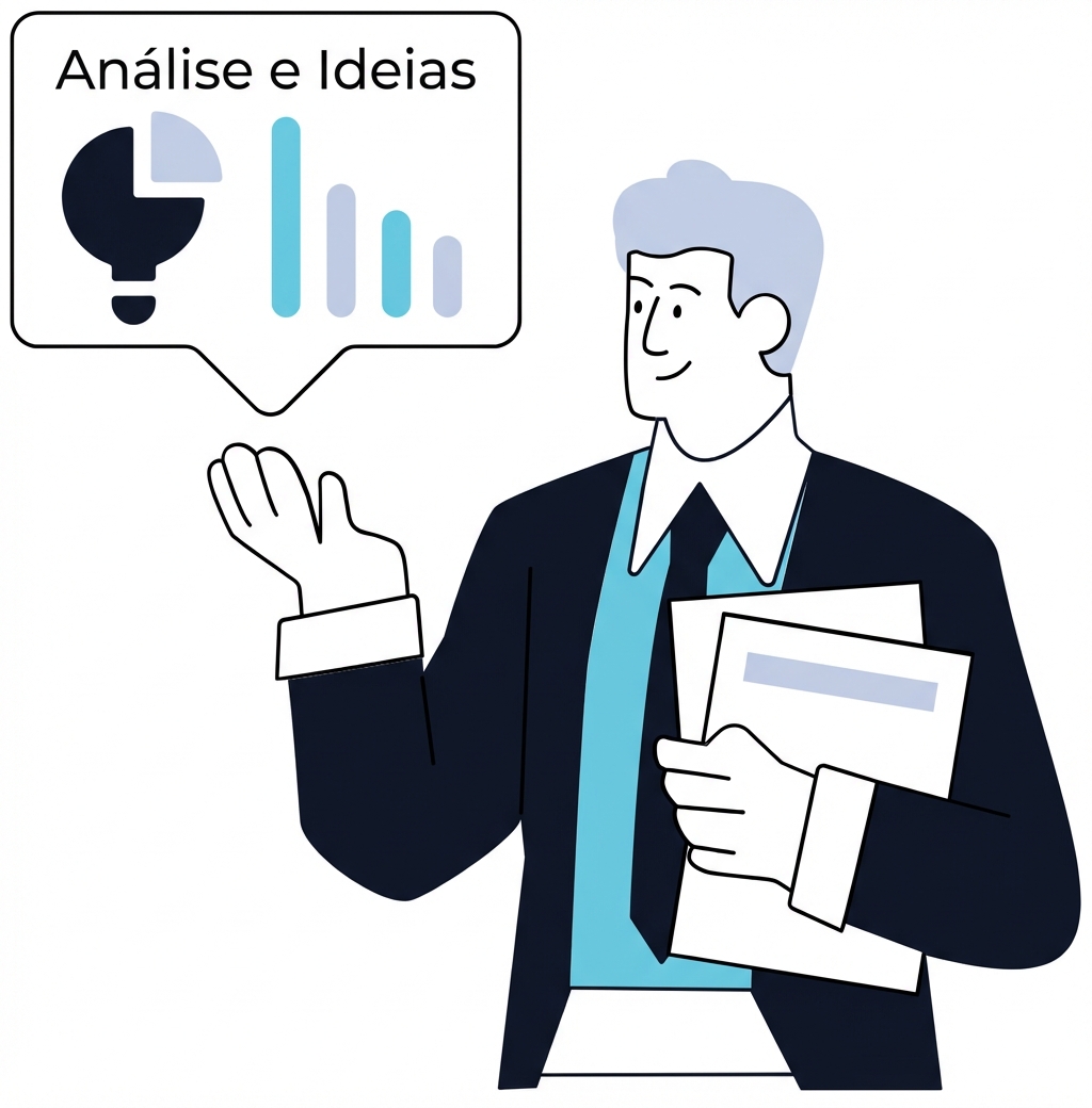 Ilustração de uma pessoa com documentos e um gráfico para representar um analista financeiro