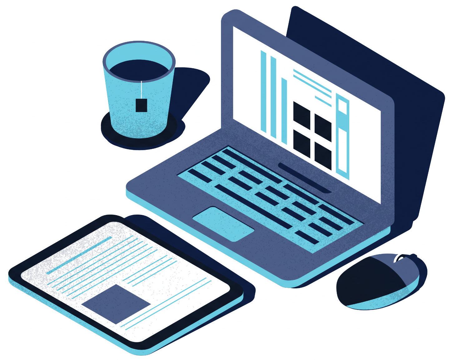 Imagem de um notebook, mouse, tablet e café para representar um horário de estudo.