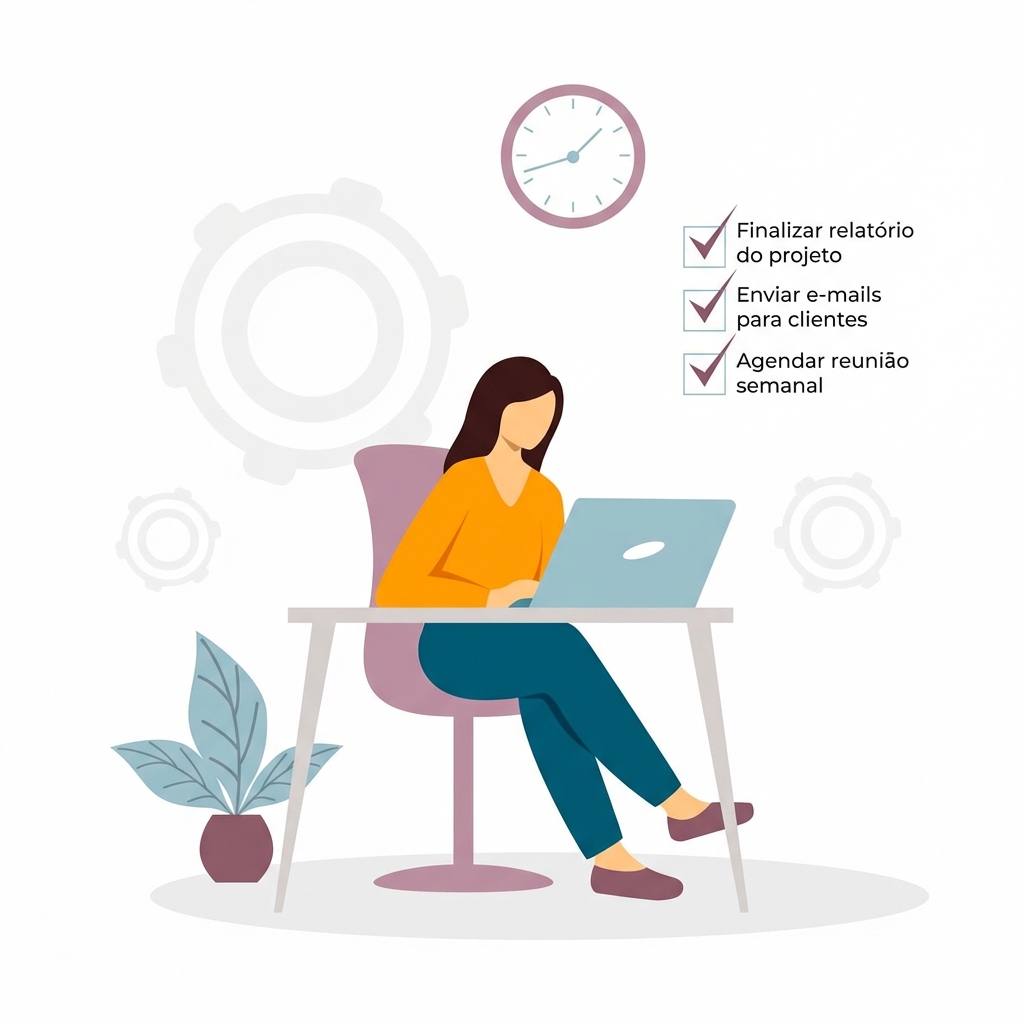 Pessoa sentada à mesa com um notebook, lendo documentos