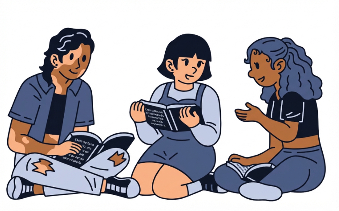 Três estudantes sentados no chão, vestindo roupas casuais, representando a escola