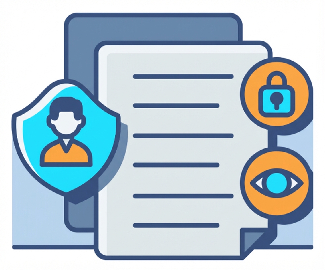 Ilustração de um documento com várias proteções, como um cadeado e um olho, para indicar privacidade e segurança