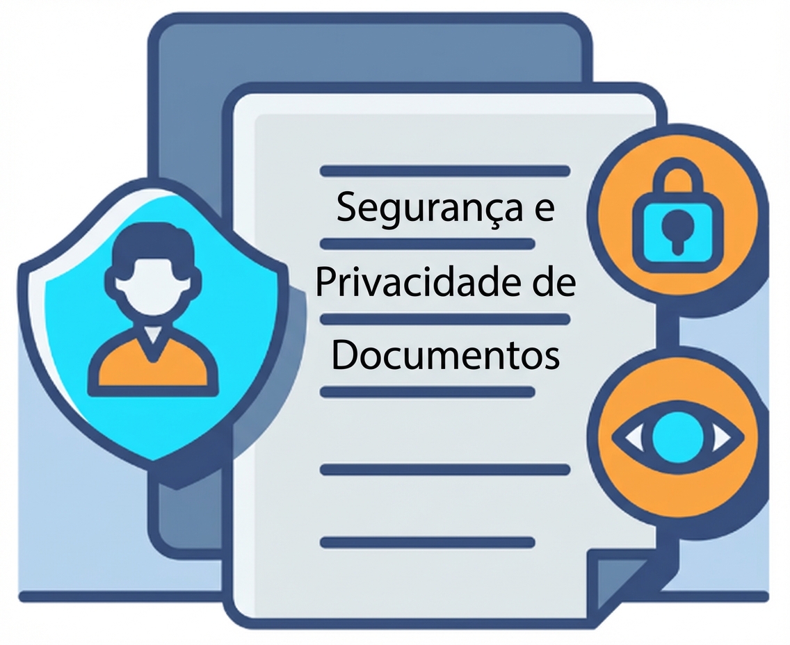 Ilustração de um documento com vários ícones, como um cadeado e um olho, para representar as considerações