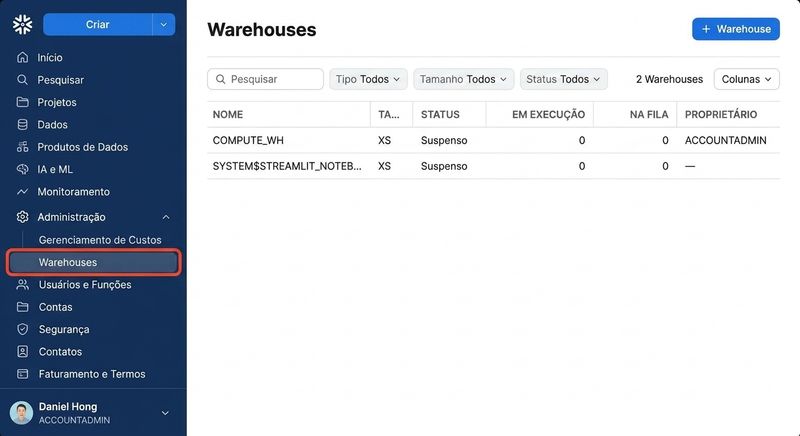GIF de criação de um novo warehouse