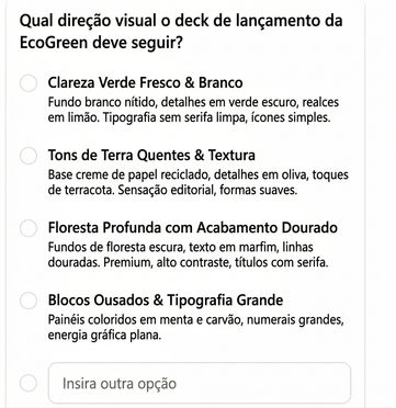 O Copilot perguntando qual direção visual o deck EcoGreen deve seguir, oferecendo quatro estilos descritos para escolher