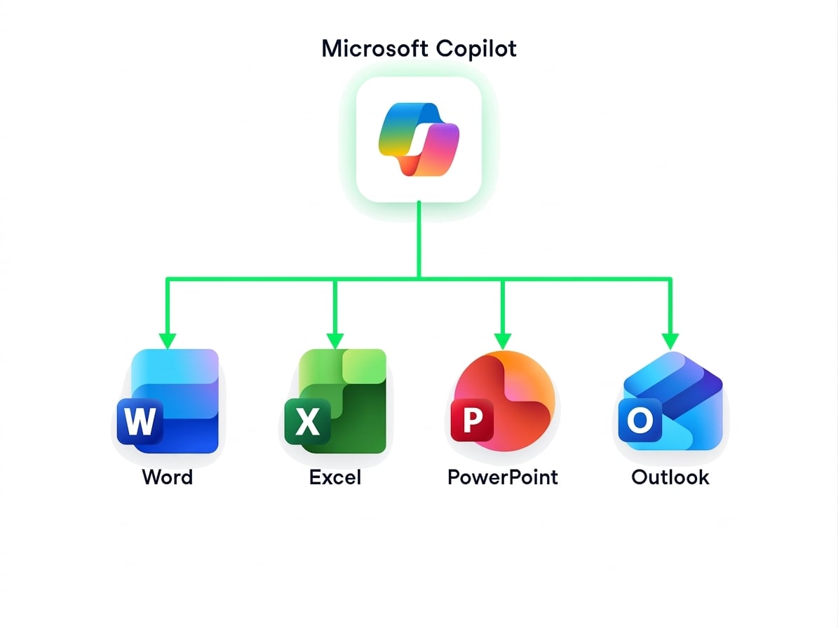Gráfico com o logo do Microsoft Copilot no centro, ligado aos ícones do Word, Excel e PowerPoint, representando a conexão do trabalho entre apps pelo Copilot