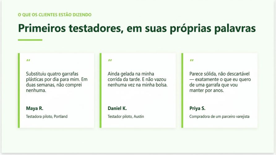 A slide de depoimentos que o Copilot adicionou, com três cards de citação alinhados à marca