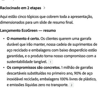 Resumo em cinco pontos do Copilot com referências de volta ao deck