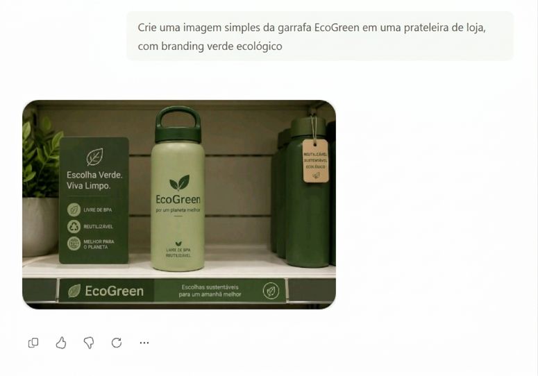 A imagem da garrafa EcoGreen que o Copilot gerou a partir do prompt, em uma prateleira com identidade verde ecológica