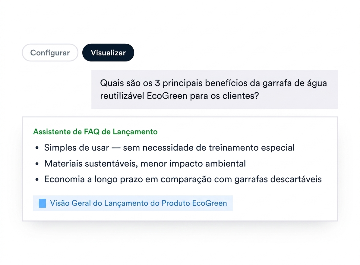 Diagrama do painel Preview: a pergunta de teste, o agente respondendo em três tópicos e a fonte citada