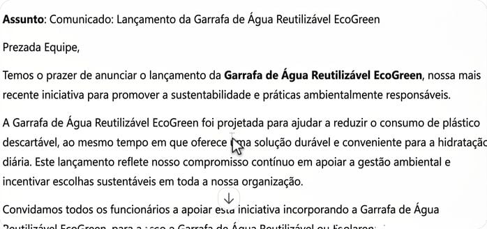 Rascunho de e-mail de anúncio empresarial formal do Copilot