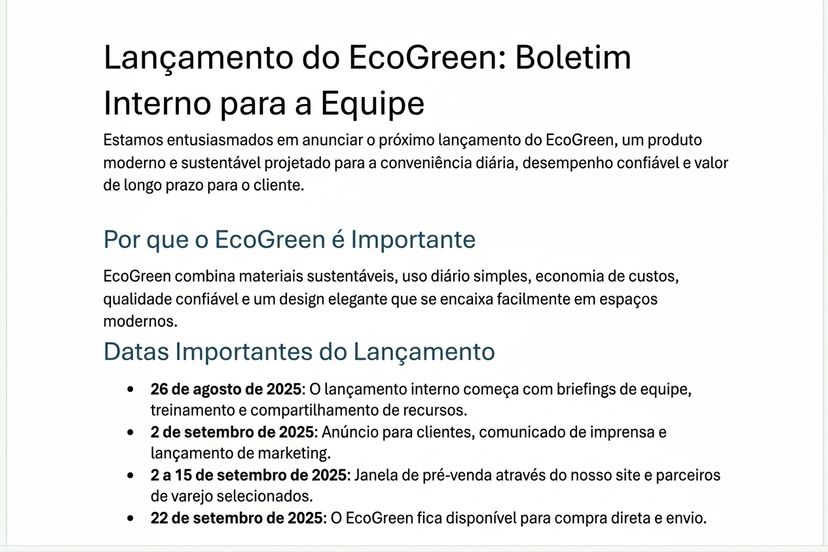 O boletim EcoGreen que o Copilot criou no Word, com títulos claros e seções curtas